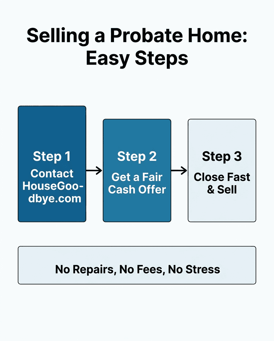 Diagram showing the simple process of selling a probate home quickly with HouseGoodbye.com in Detroit.