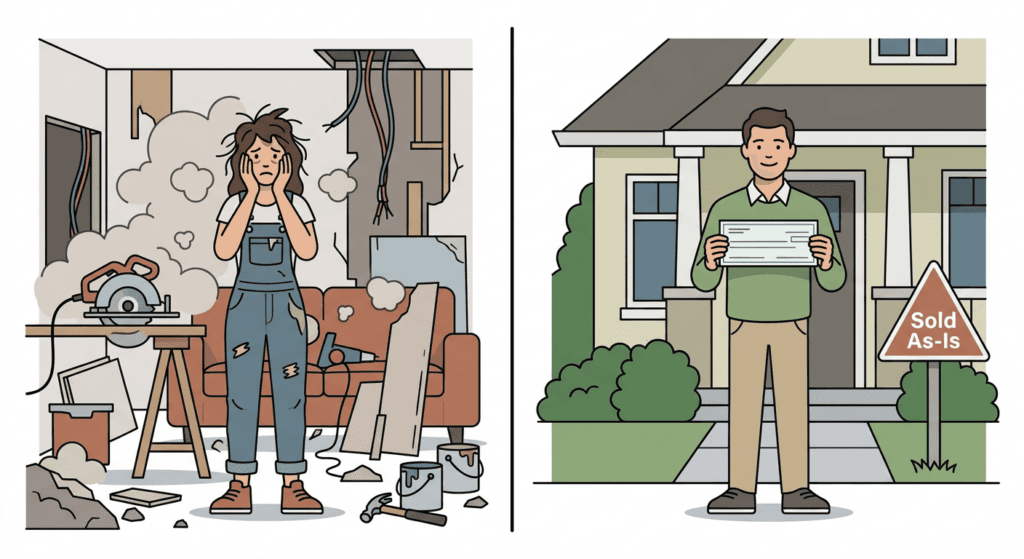 Flowchart comparing the simplified steps of selling a house as is versus the many steps of a traditional home sale.