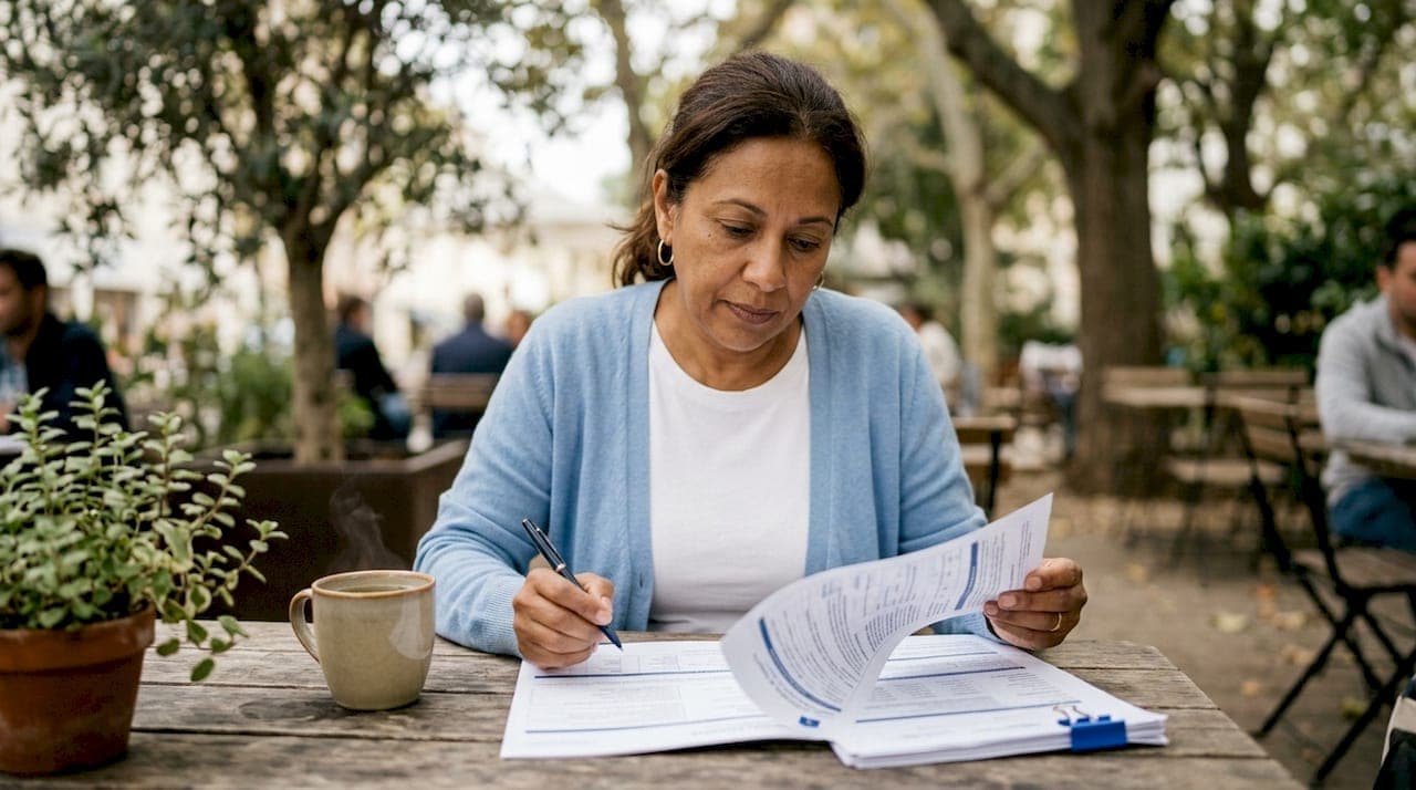 Woman reviewing house sale paperwork at kitchen table