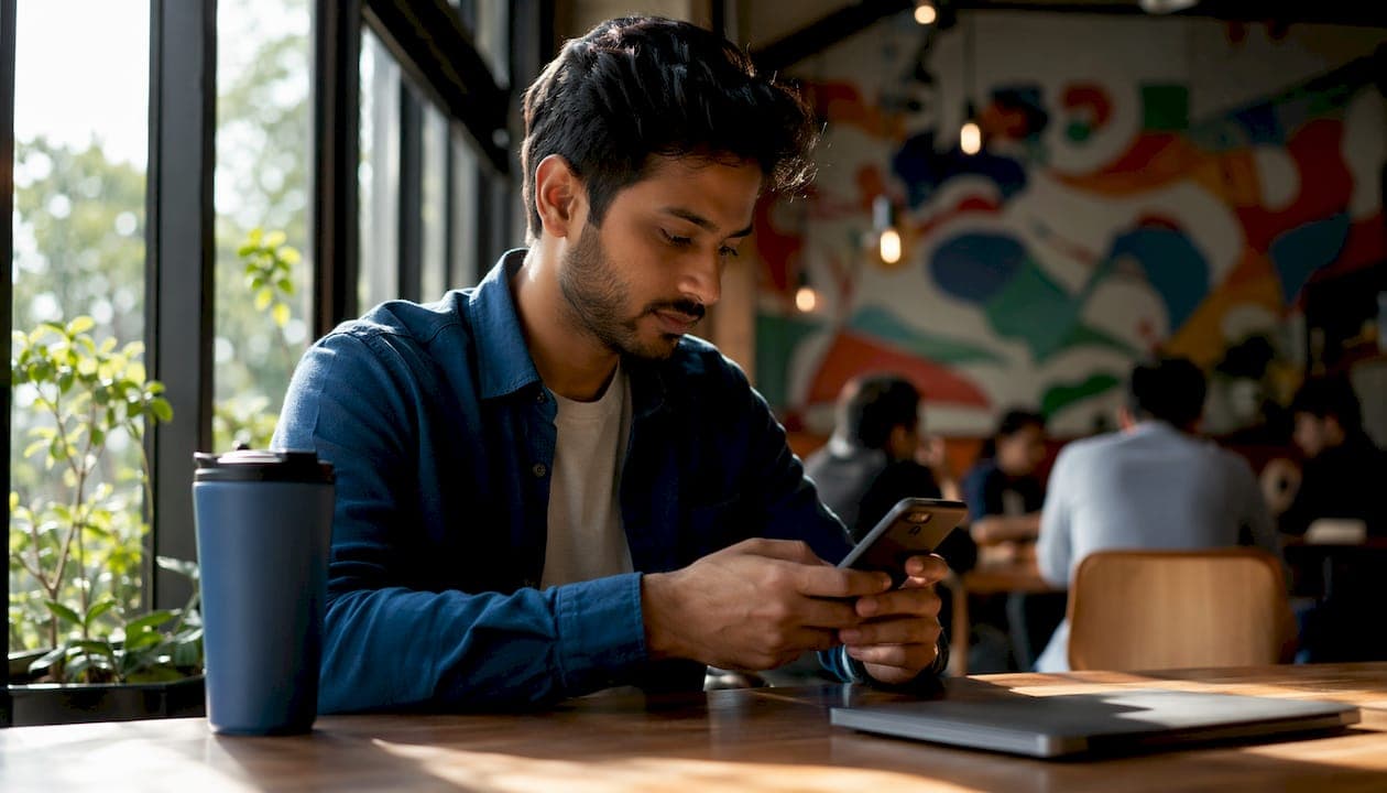 Man submitting home details on smartphone outside