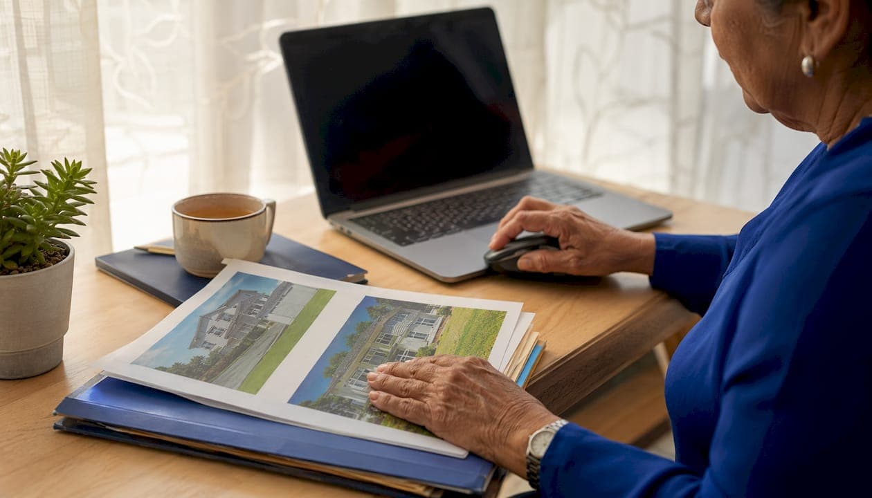 Elderly woman using laptop for investor bidding