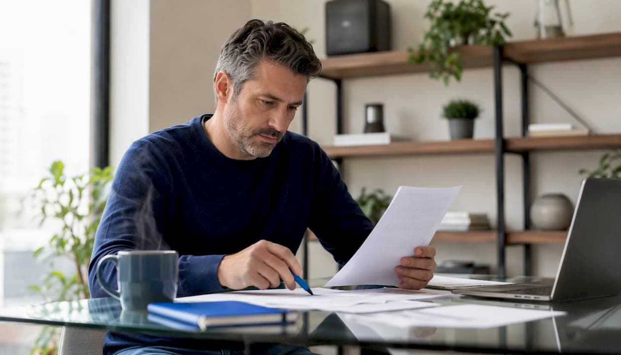 Homeowner reviewing foreclosure paperwork at kitchen table