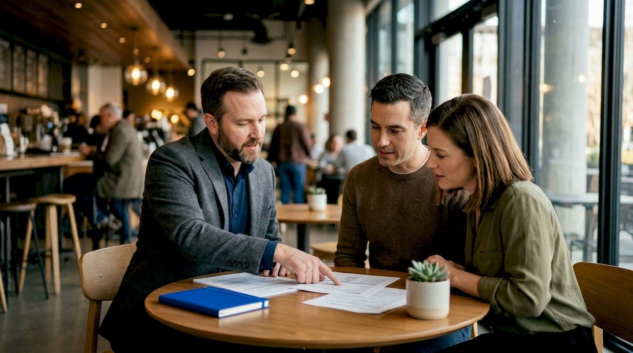 Agent presenting cash offers to home sellers in office