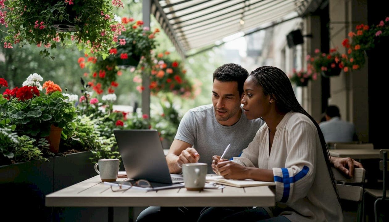Couple discussing FSBO home sale plan in café