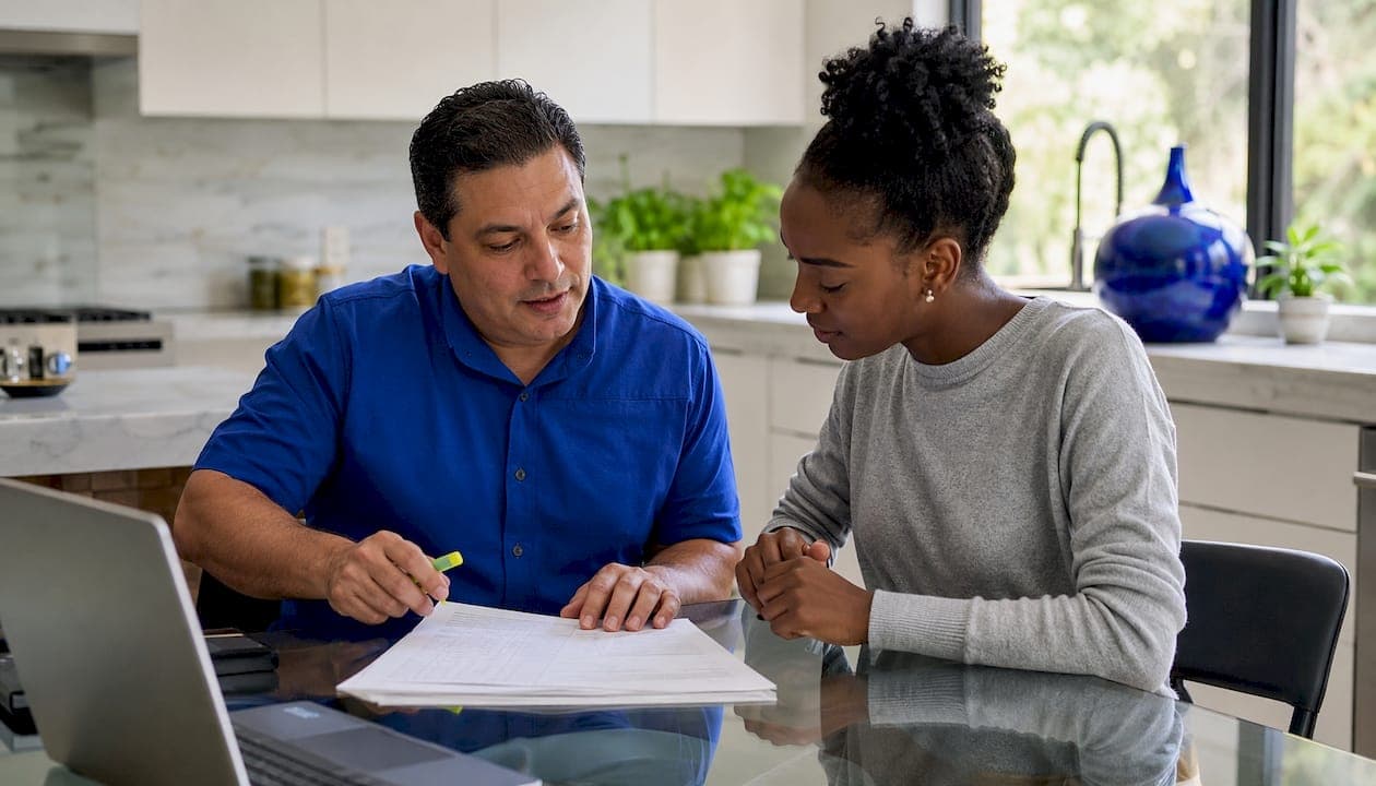 Cash buyers negotiating home sale offers in living room