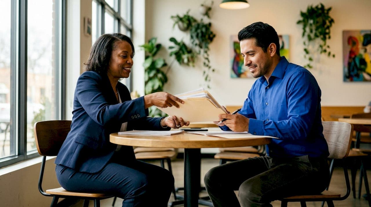 Seller and cash buyer reviewing sale documents