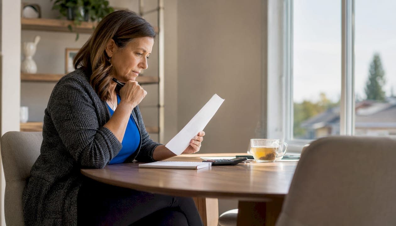 Woman calculating home sale commission at table