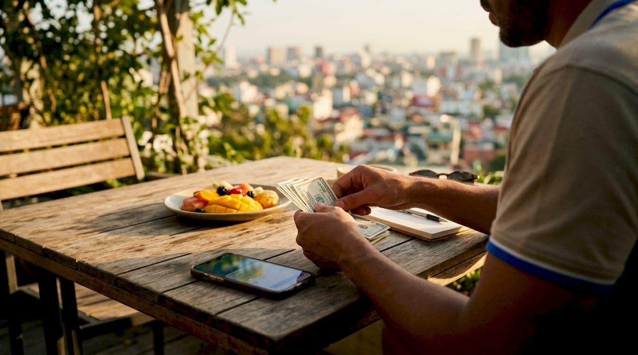 Hands counting cash with phone app overhead view
