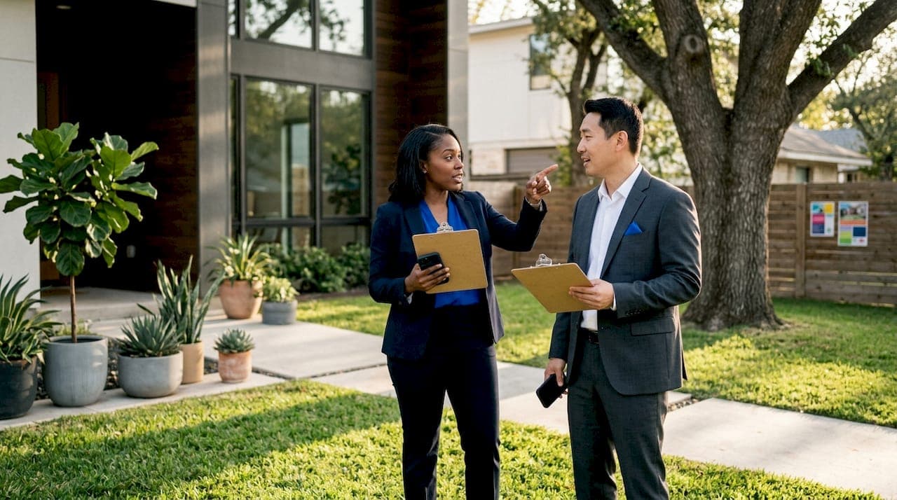 Agents discussing neighborhood exposure at open house