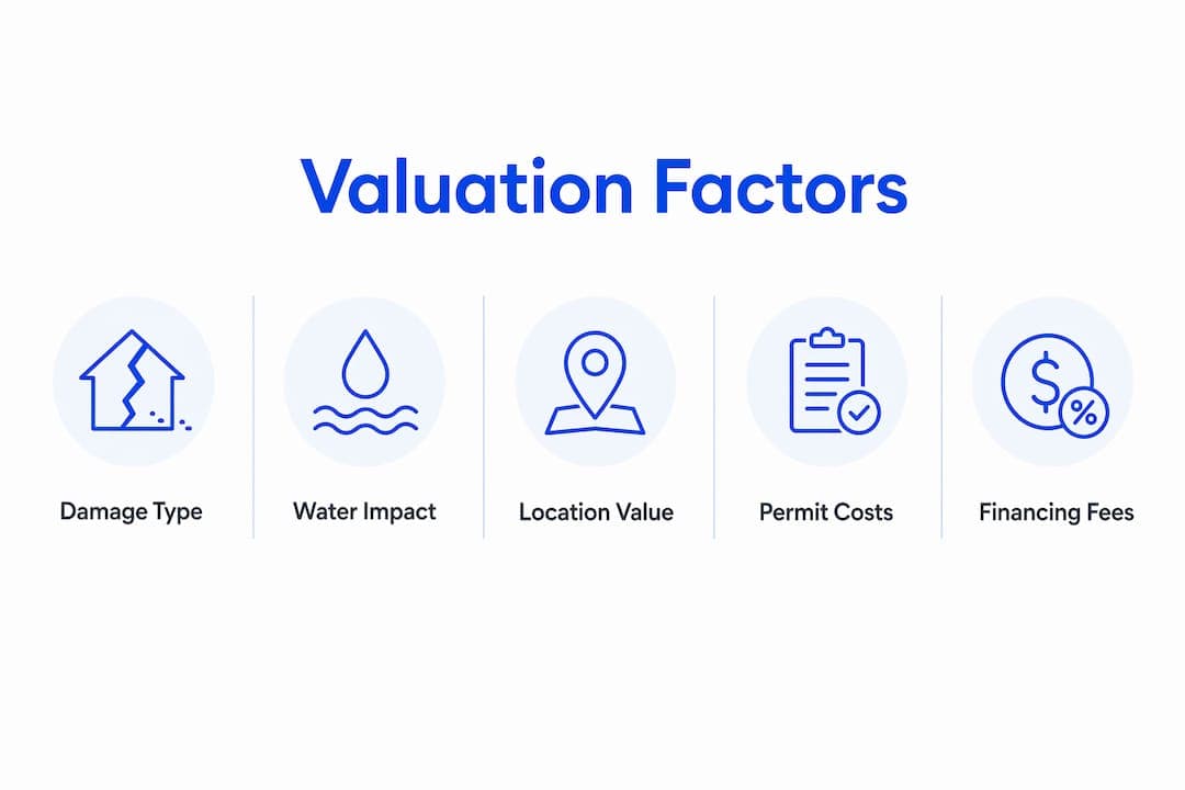Infographic showing key factors affecting cash offers on fire-damaged homes