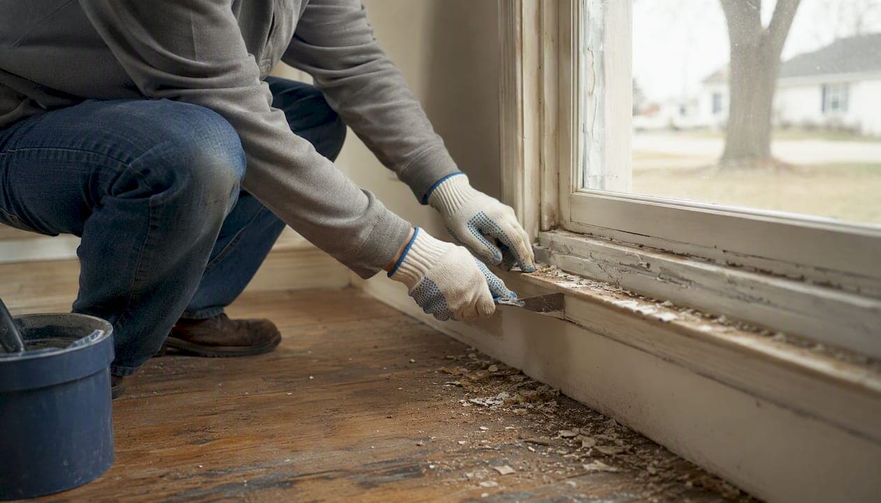 Hands performing home repair on vacant inherited property